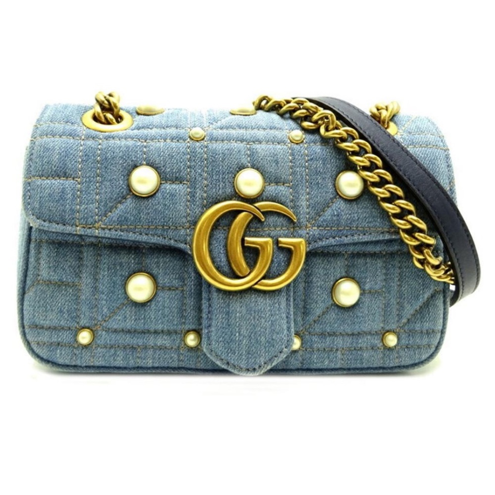 Authentic Gucci - Marmont Small Matelassé Denim Shoulder Bag with Gold chain